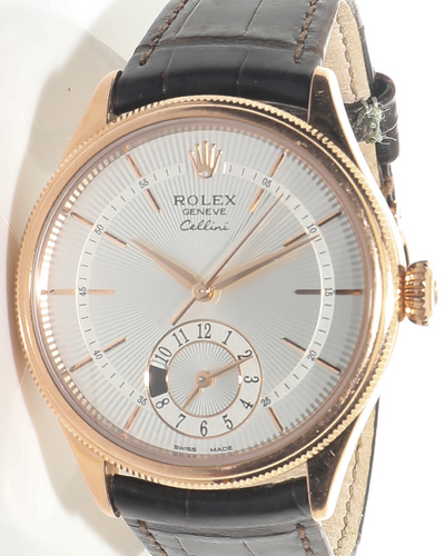 Rolex Cellini Dual Time 39MM Silver Dial Leather Strap (50525)