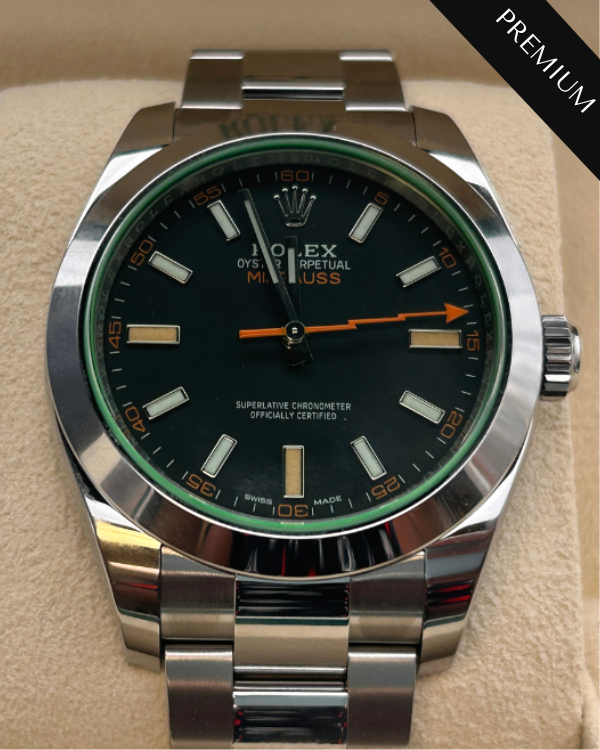 2023 Rolex Milgauss Oystersteel Black Dial Green Crystal (116400GV)