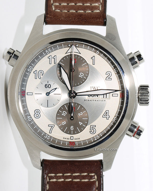 IWC Schaffhausen Pilot Spitfire Double Chronograph "Red Line" 44MM Silver Dial Leather Strap (IW371806)