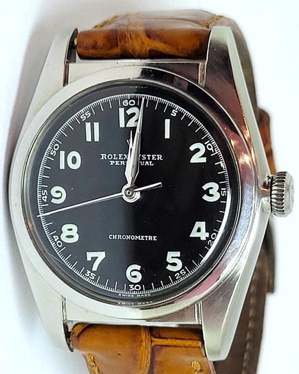 Rolex Oyster Perpetual "Bubble Back" Vintage 32MM Black Dial Aftermarket Alligator Leather Strap (5050)