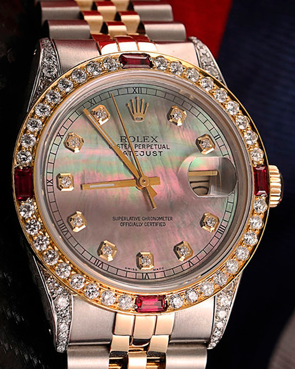 Rolex DateJust 36MM Black Mother Of Pearl Dial Two-Tone Jubilee Bracelet Custom Dial and Diamonds (16013)