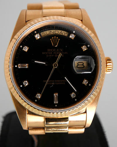 1988 Rolex Day-Date 36MM Black Dial Yellow Gold President Bracelet (18038)