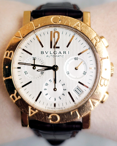 Bvlgari Chronograph 38MM White Dial Leather Strap (BB38GLCH)