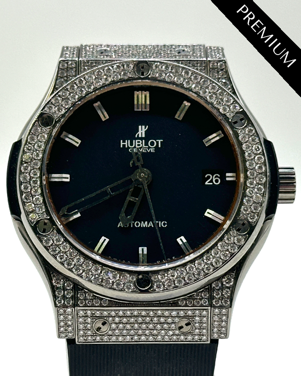 Hublot Classic Fusion 45MM Aftermarket Diamonds Black Dial Rubber Strap (511.NX.1170.RX)