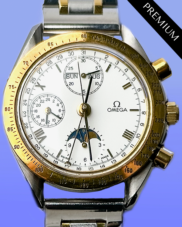 No Reserve - Omega Speedmaster Moonphase 39MM White Dial Aftermarket Two-Tone Bracelet (175.0034)