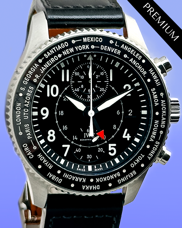 No Reserve - IWC Schaffhausen Pilot Timezoner Chronograph 46MM Black Dial Leather Strap (IW395001)