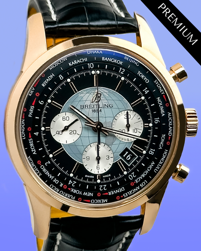 No Reserve  - Breitling Transocean Chronograph Unitime 46MM Black Dial Leather Strap (RB0510U4/BB63)