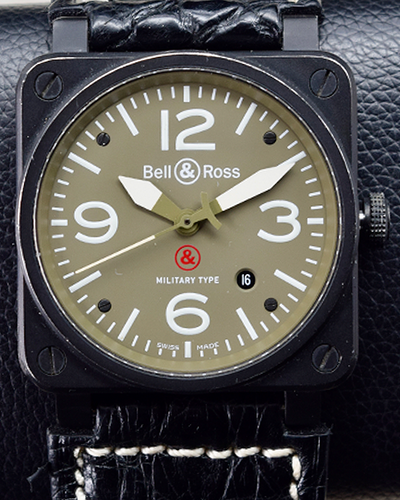 2008 Bell & Ross BR-03 "Military Type" 42MM Green Dial Aftermarket Leather Strap (BR03-92)