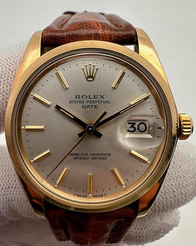 1978 (5.4 Mill. Serial) Rolex Oyster Perpetual Date Vintage 34MM Silver Dial Aftermarket Leather Strap (1503)