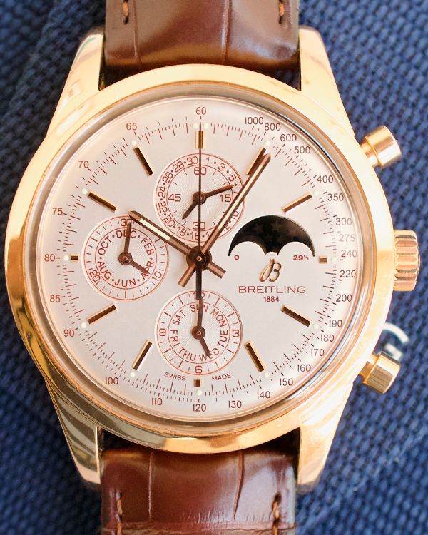 Breitling Transocean Chronograph QP L.E. 43MM 18K Rose Gold Silver Dial Aftermarket Leather Strap (R19310)