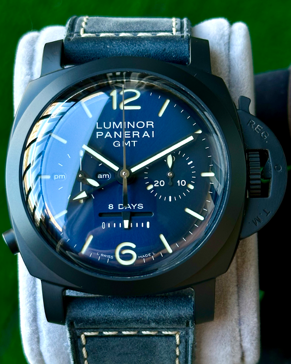 2021 Panerai Luminor 1950 Chrono Monopulsante GMT "Blu Notte" 8 Days Limited Edition of 200 pieces 44MM Blue Dial Leather Strap (PAM01135)