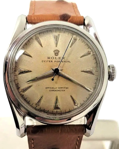 Rolex Oyster Perpetual Bubble Back Vintage 33MM White Patina Dial Leather Strap (5018)