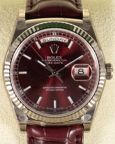 2014 Rolex Burgundy Day-Date 36MM Red Dial Leather Strap (118139)