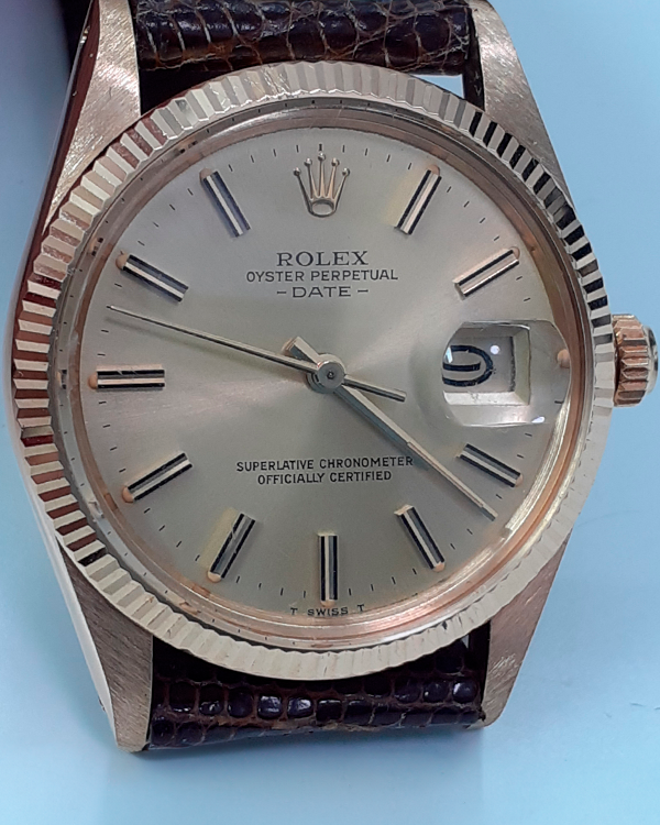 Rolex Oyster Perpetual Date 34MM Champagne Dial Leather Strap (15038)