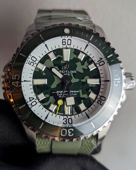 Breitling Superocean 46MM Green "Camouflage" Dial Rubber Strap (E10379D31L1S1)