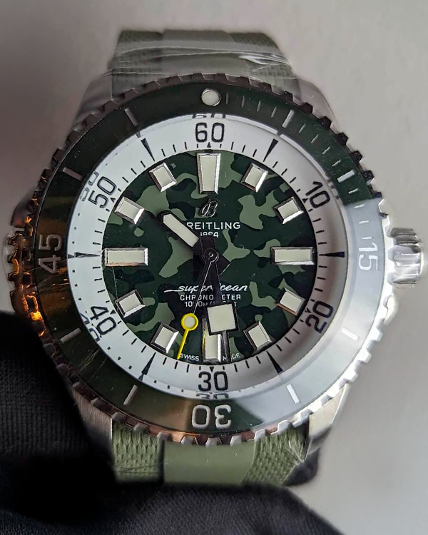 Breitling Superocean 46MM Green "Camouflage" Dial Rubber Strap (E10379D31L1S1)