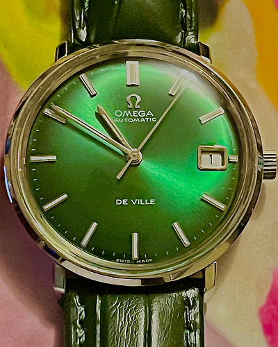 Omega De Ville 34MM Aftermarket Green Dial Leather Strap (166.033)