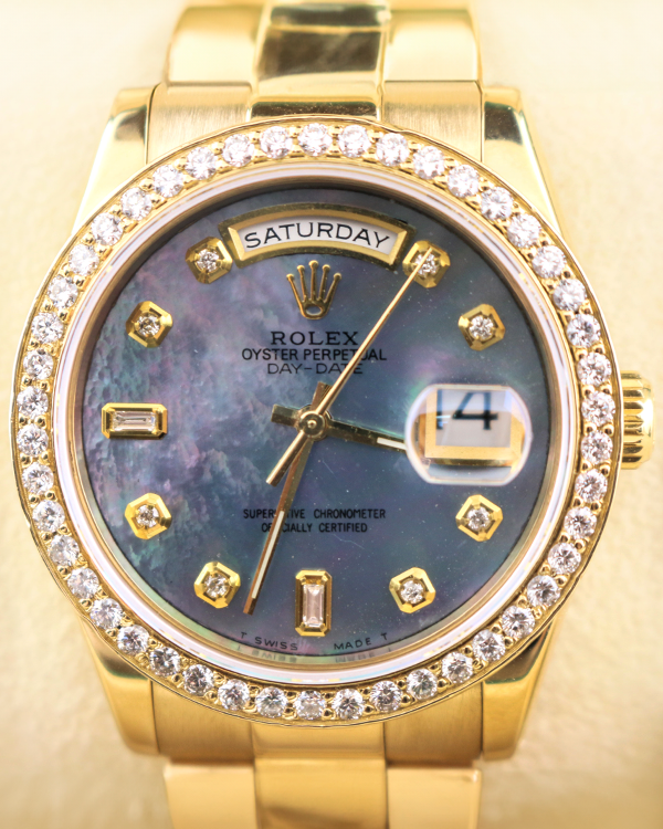 2000 (P Serial) Rolex Day-Date 36MM Aftermarket Mother of Pearl Black Dial Yellow Gold President Bracelet (118238)