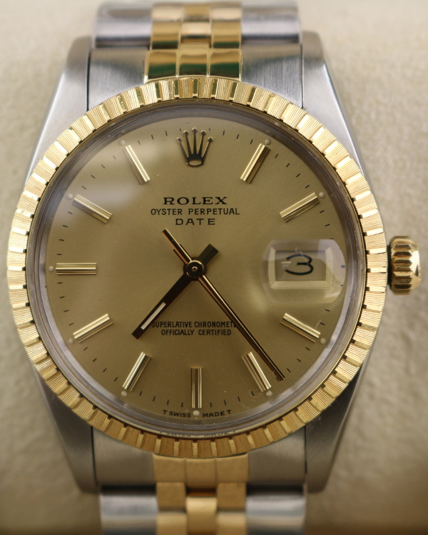 1986 (9.2 Mill. Serial) Rolex Oyster Perpetual Date 34MM Champagne Dial Two-Tone Jubilee Bracelet (15053)