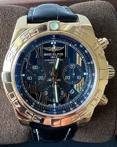 2019 Breitling Chronomat 43.7MM 18k Gold Black Dial Leather Strap (HB011012/B957)