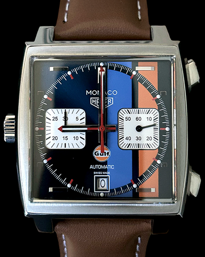 No Reserve - 2020 Tag Heuer Monaco Gulf 50th Anniversary 39MM Blue Dial Aftermarket Leather Strap (CAW211R.FC6401)