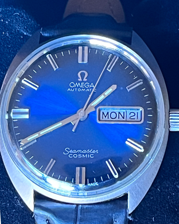 Omega Seamaster Cosmic Day-Date Vintage 35MM Blue Dial Leather Strap (166.035)