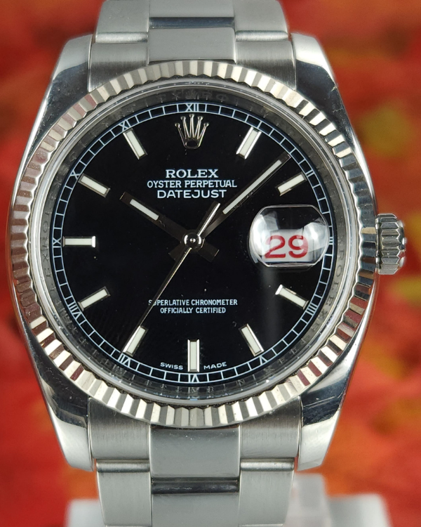 2008 (M Serial) Rolex Datejust "Red Roulette" 36MM Black Dial Steel Bracelet (116234)