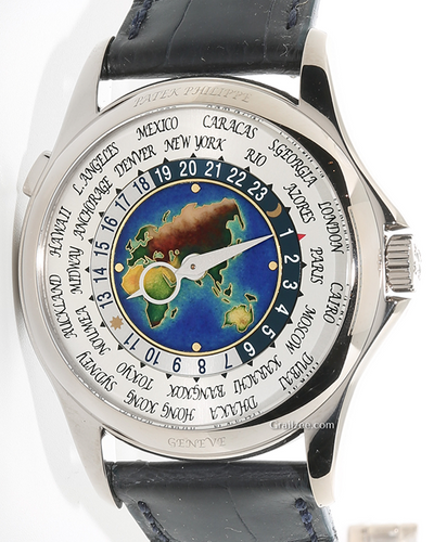 Patek Philippe World Time "Email Cloisonné"  39.5MM White Dial Leather Strap (5131G-001)