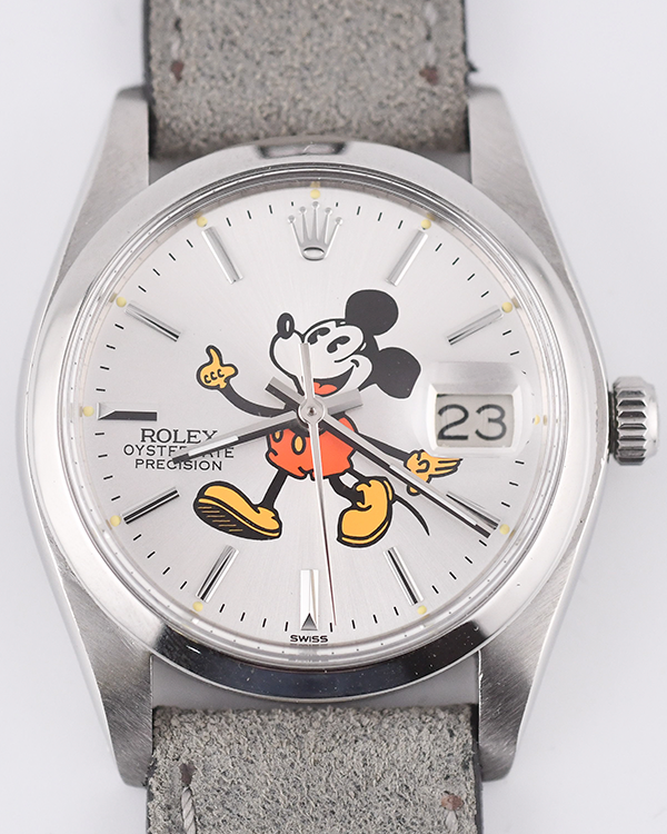 Rolex Oyster Precision 34MM Aftermarket "Mickey" Silver Dial Aftermarket Leather Strap (6694)