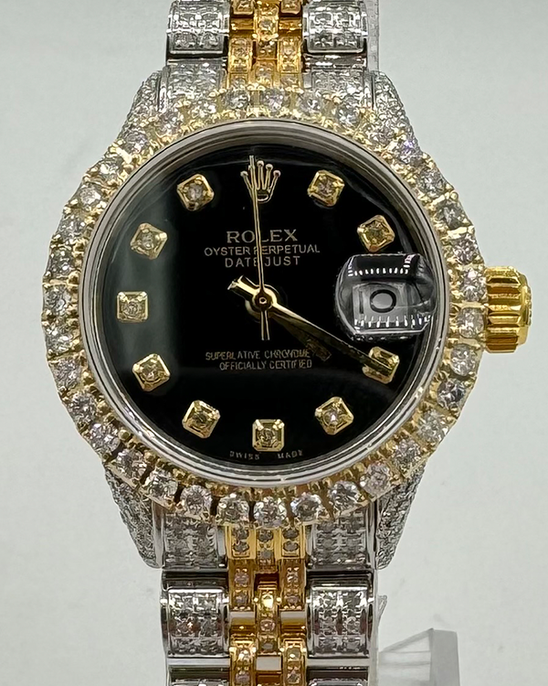 Rolex Oyster Perpetual Lady-Date 28MM Aftermarket Black Dial Iced-Out Jubilee Bracelet (6517)