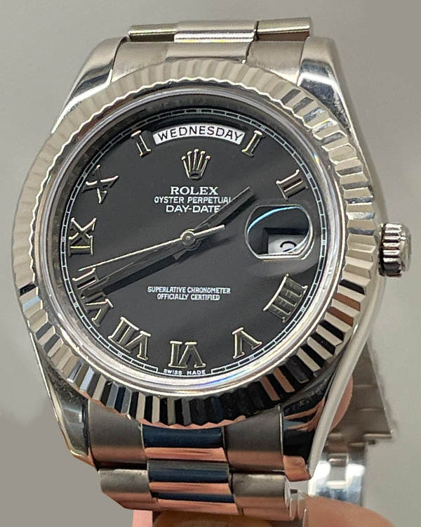 2012 Rolex Day-Date II 41MM President Bracelet White Gold Black Roman Dial (218239)