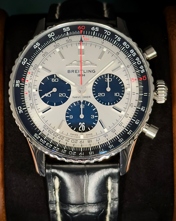 Breitling Navitimer B01 Chronograph 43MM Silver Dial Leather Strap (AB0138241G1P1)