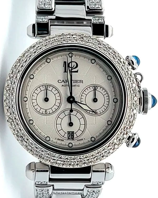 Cartier Pasha de Cartier Chronograph 38MM Silver Dial Aftermarket Diamonds Steel Bracelet (2113)