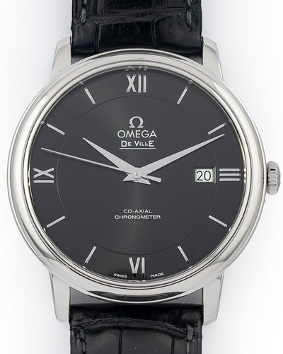 No Reserve - Omega De Ville Prestige 39.5MM Steel Black Dial Leather Strap (424.13.40.20.01.001)