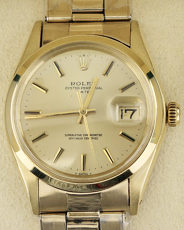 1970 (2.3 Mil Serial) Rolex Oyster Perpetual Date 34MM Champagne Dial Oyster Yellow Gold Bracelet (1500)