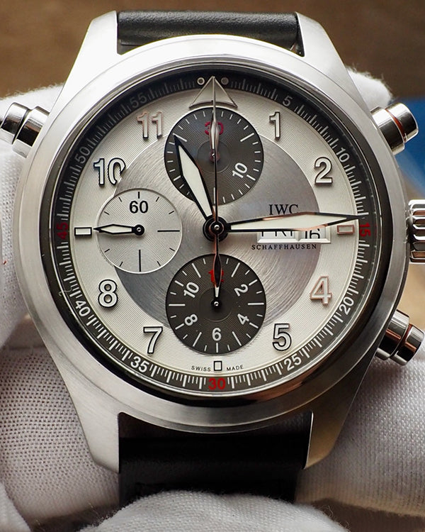 IWC Schaffhausen Pilot Double Chronograph 44MM Silver Dial Leather Strap (IW371806)