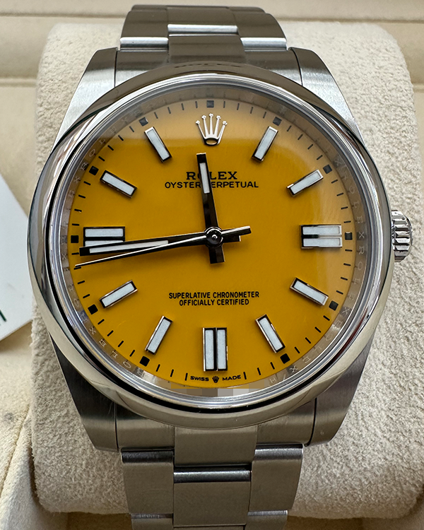 2023 Discontinued Rolex Oyster Perpetual 41 Oystersteel Yellow Dial (124300)