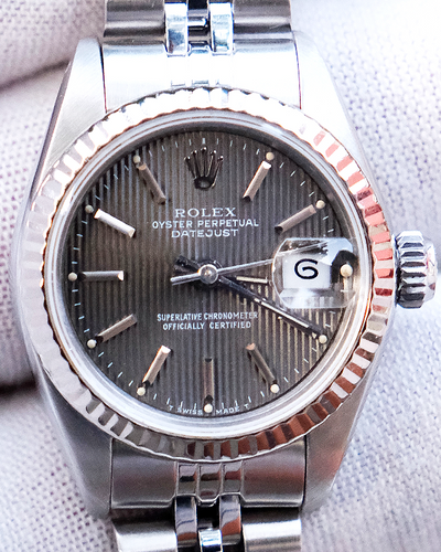 1987 (9 Mill. Serial) Rolex Lady-Datejust 26MM "Tapestry" Grey Dial Jubilee Bracelet (69174)