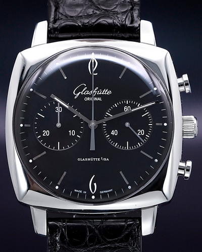 2017 Glashütte Original Sixties Square Chronograph 41.35MM Black Dial Leather Strap (39-34-02-32-04)