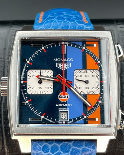 2021 TAG Heuer Monaco Gulf S.E. "Steve McQueen" 39MM Blue Dial Aftermarket Bespoke Crocodile Leather Strap (CAW211R.FC6401)