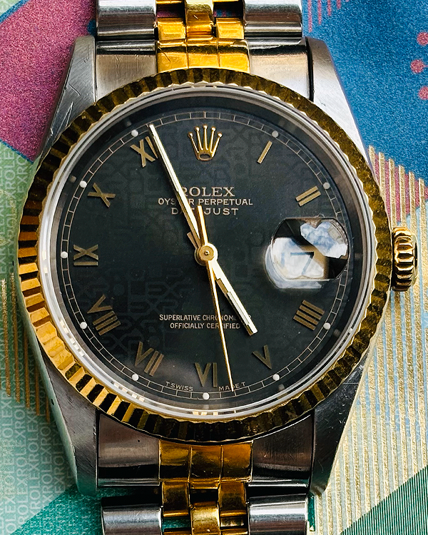 1995 (W Serial) Rolex Datejust 36MM Black "Anniversary Motif" Dial Two-Tone Jubilee bracelet (16233)