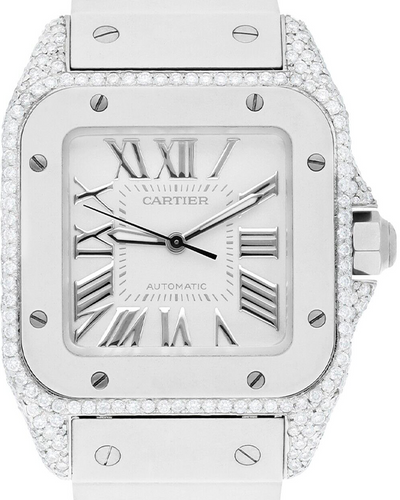 Cartier Santos 100 De Cartier 33MM Aftermarket Diamonds White Dial Rubber Strap (2878)