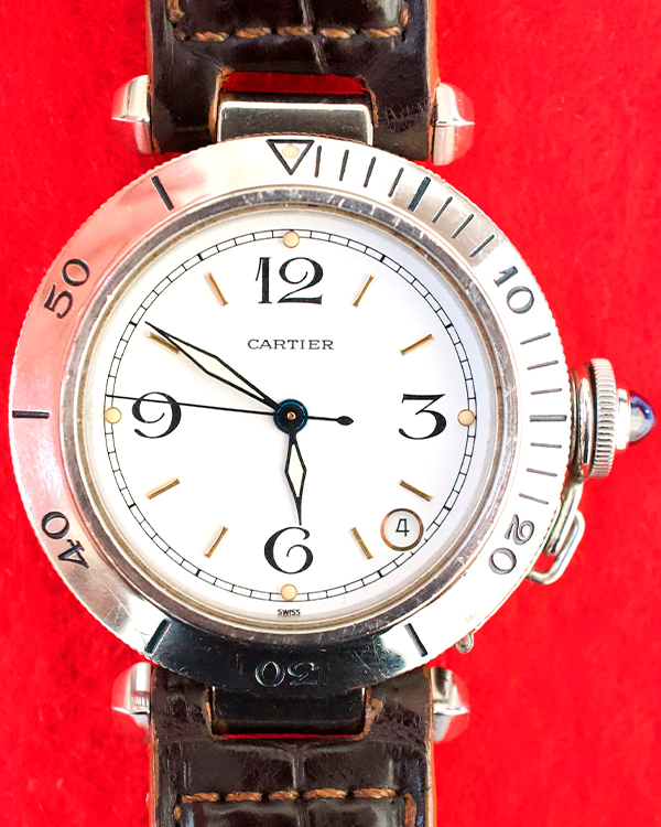 Cartier Pasha C 35MM White Dial Leather Strap (W31015M7)