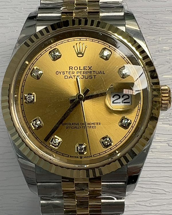 2023 Rolex Datejust 36MM Jubilee Oystersteel Yellow Gold Fluted Bezel Champagne Dial Two-Tone Jubilee Bracelet (126233)