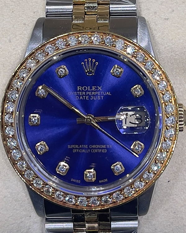 Rolex Datejust 36MM Jubilee Bracelet Steel and Yellow Gold Factory Diamond Blue Dial (16013)