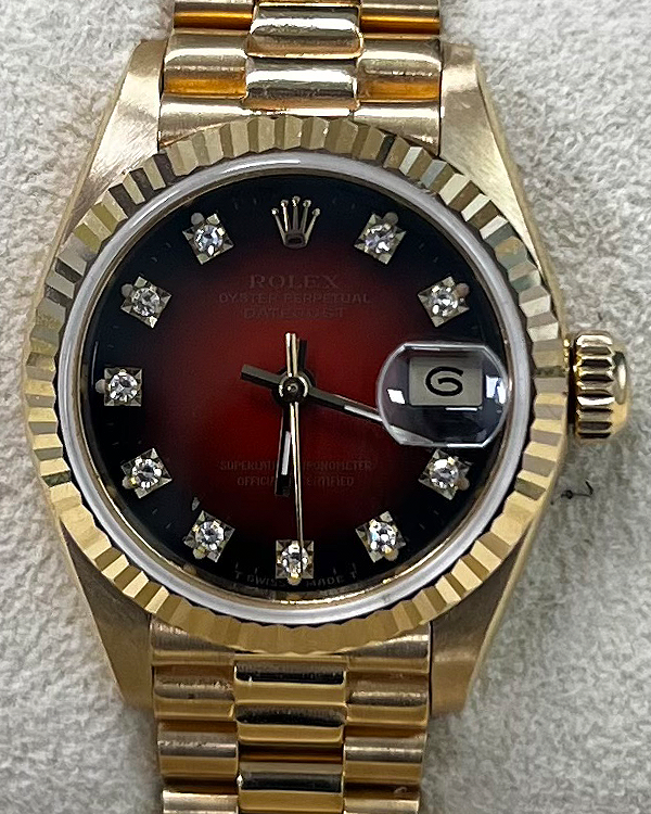 1988 Rolex Lady-Datejust 26MM Red Vignette Dial President Yellow Gold Bracelet (69178)