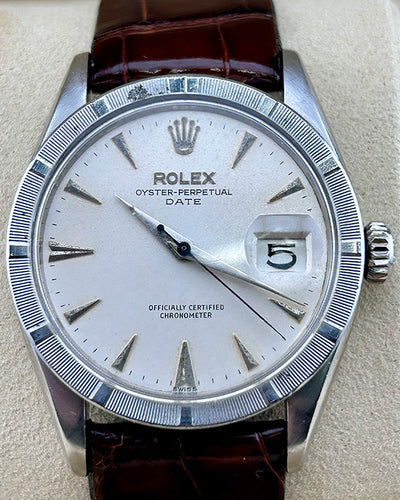 Rolex Oyster Perpetual Date Vintage 34MM Silver Dial Aftermarket Leather Strap (6535)