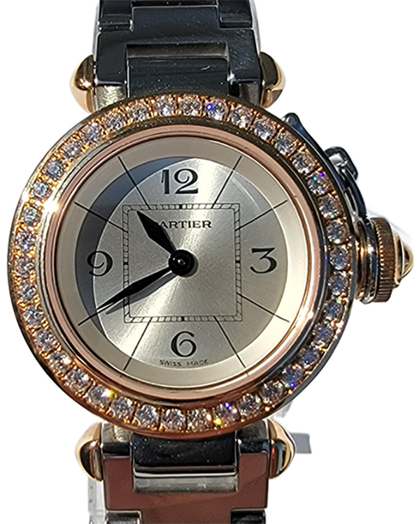 Cartier Pasha 27MM Steel Factory Diamonds Roze Gold Bezel Silver Dial (WJ124021)