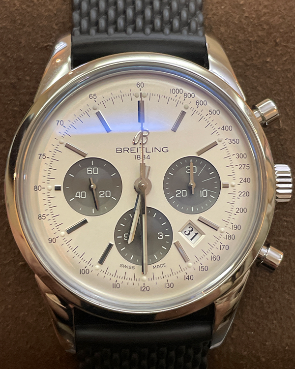 Breitling Transocean Chronograph 43MM Silver Dial Rubber Strap (AB0152)