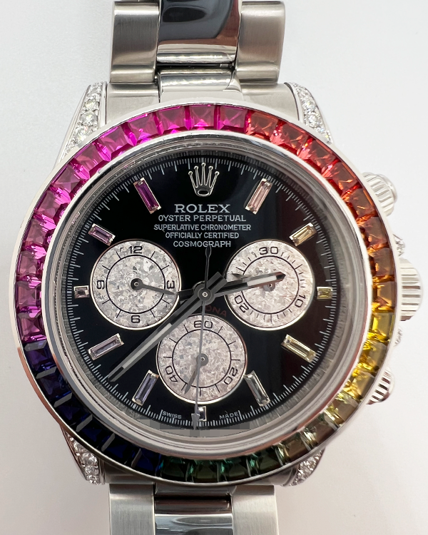 Rolex Cosmograph Daytona 40MM Black Dial Steel Bracelet Aftermarket Diamonds (116520)